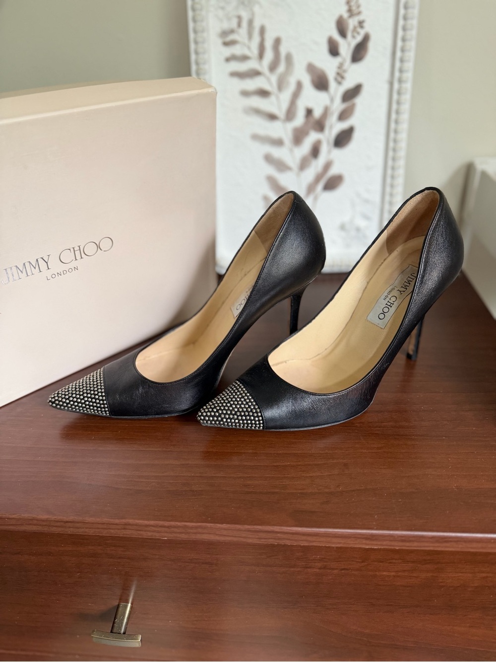 Jimmy Choo Black Leather Pointed Toe Pumps with Studded Cap